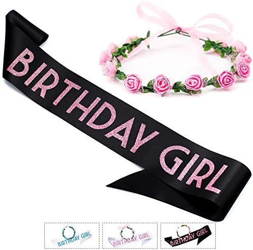 CORRURE 'Birthday Girl' Sash and Crown of Flowers - Soft Satin Black with Pink Glitter Birthday Sash | Amazon (US)
