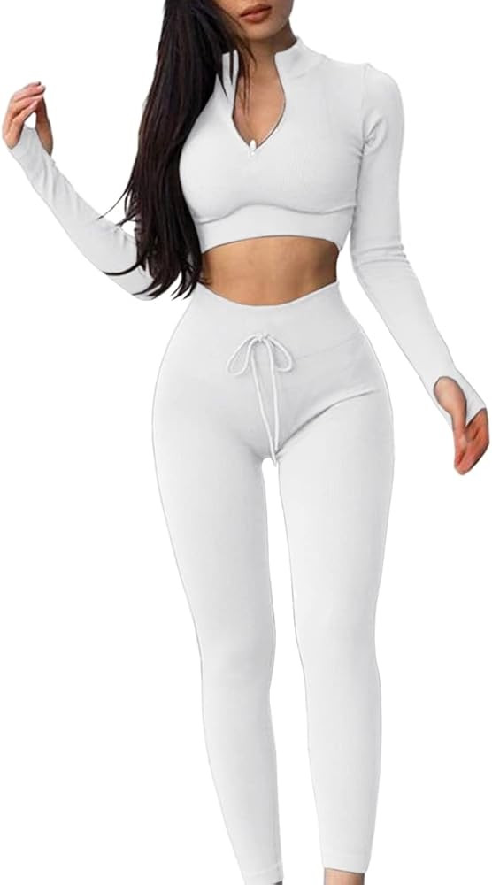 QINSEN Workout Sets for Women 2 Piece Seamless Long Sleeve Crop Tops Ribbed High Waist Leggings | Amazon (US)