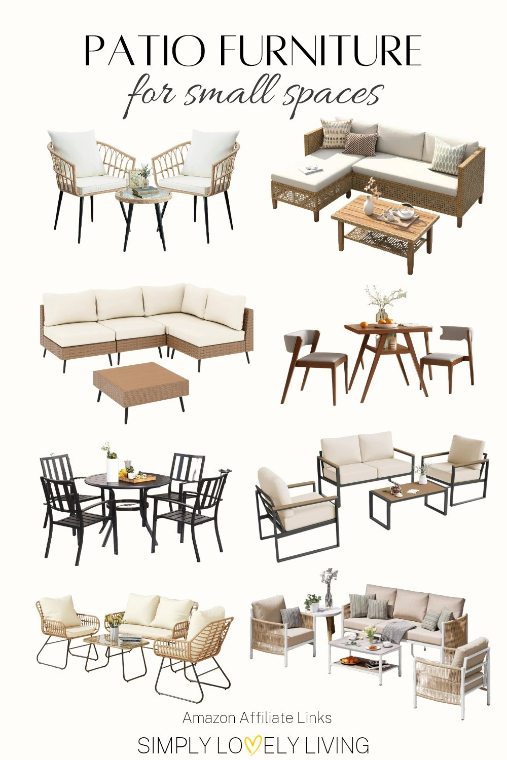 Beautiful patio furniture for small backyard spaces. Compact patio furniture. Wicker outdoor sectionals. Metal outdoor dining sets. Metal outdoor lounge set with coffee table. Outdoor accent chairs and table. #patio

#LTKHome #LTKSeasonal