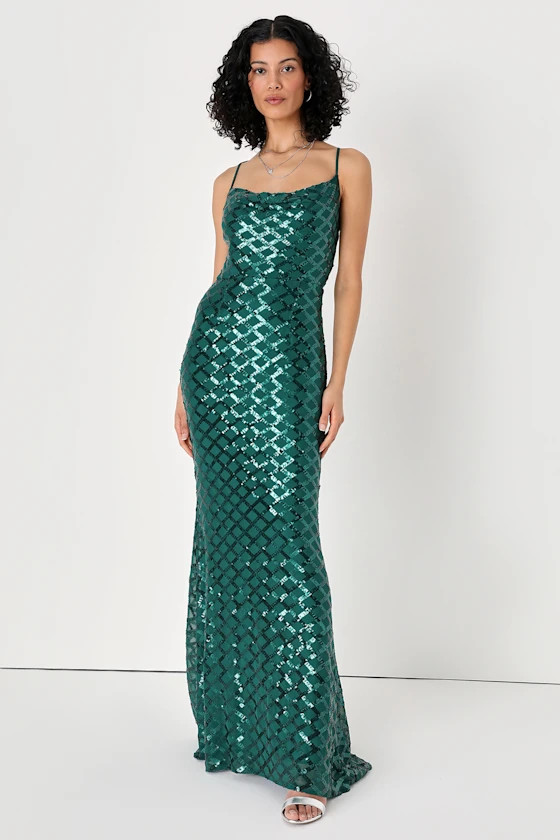 Stop and Glow Emerald Green Sequin Cowl Neck Maxi Dress | Lulus (US)