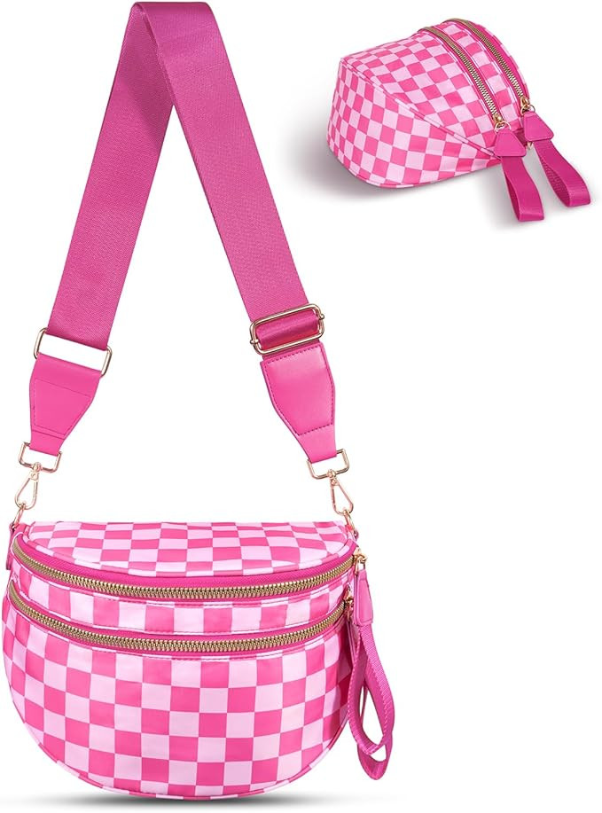 Checkered Crossbody Bag,Nylon Bum Bags for Women Crossbody,Spacious Sling Bag Purse Fanny Packs w... | Amazon (US)