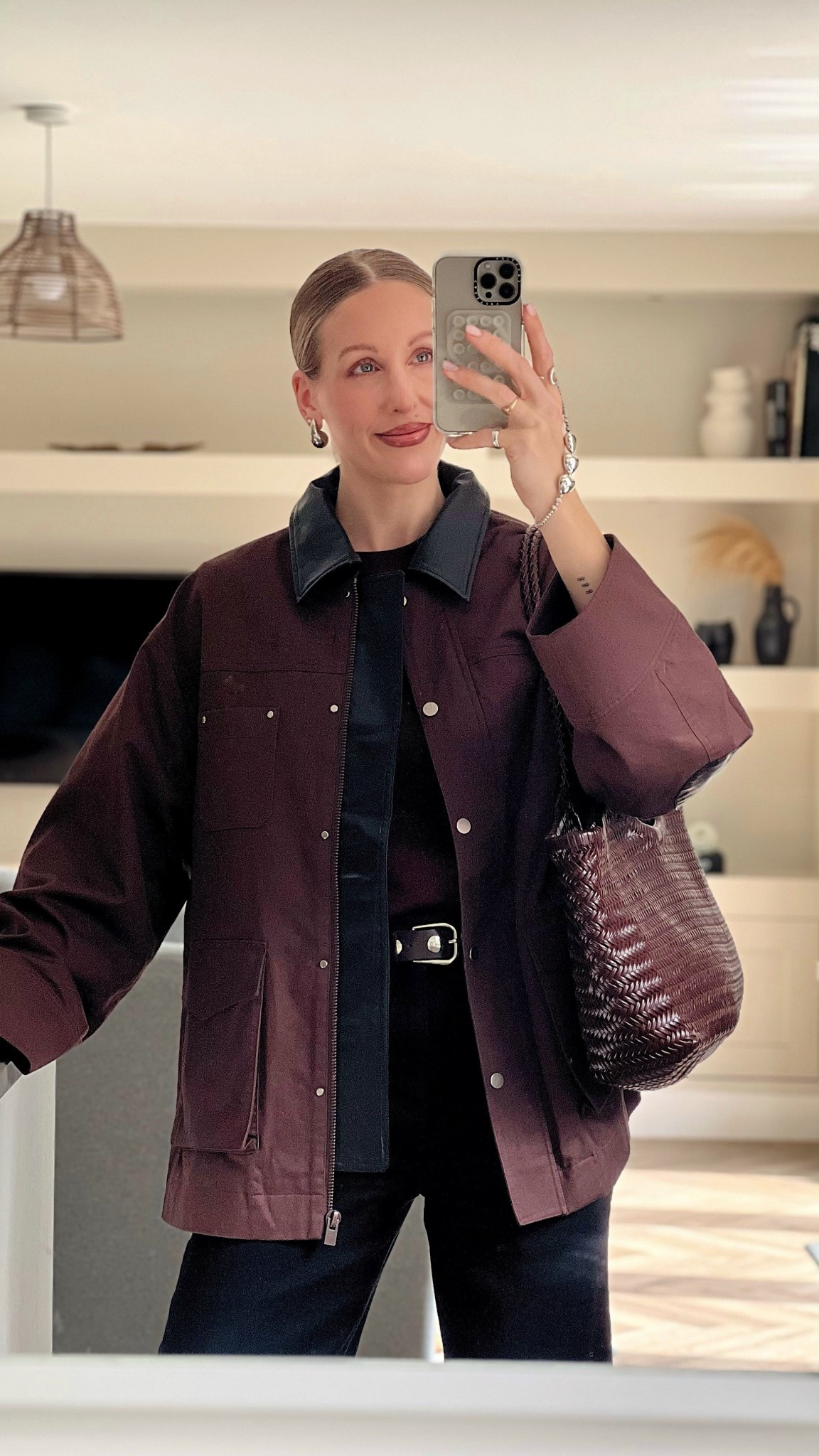 Barn jacket - burgundy - spring jacket - casual outfit - Arket - woven bag - summer bag / studded belt - Adidas Tokyo trainers - black jeans - barrel leg jeans - marks and spencer - m&s - trending 

#LTKeurope #LTKspring #LTKuk