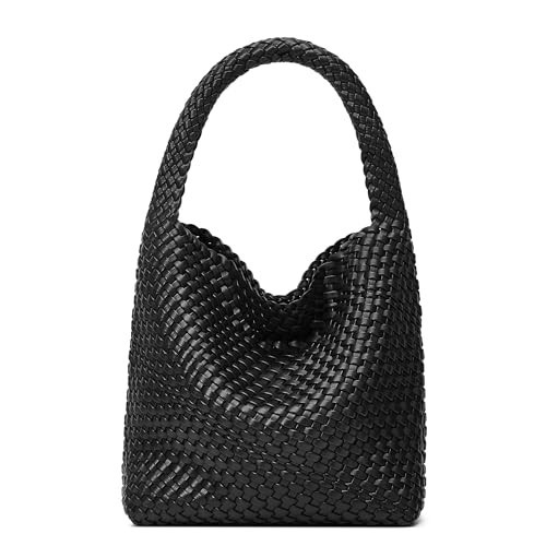 Woven Bags for Women Tote Purse: Vegan Leather Shoulder Handbags - Medium Beach Tote Bags - Handwoven Satchel Underarm Purse for Holidays (Black Color) | Amazon (US)