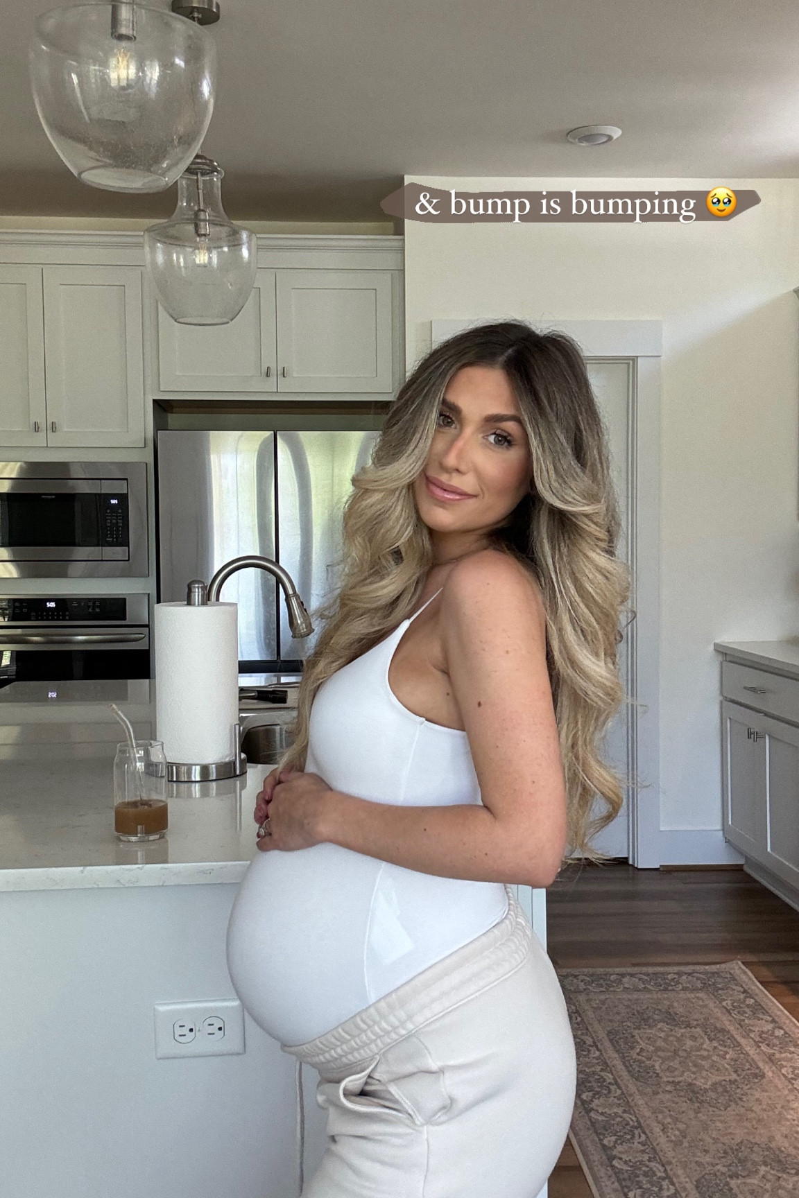 35 weeks!!!! 🤍 wearing my favorite comfies & basics! 
Bodysuit & sweats I owned pre-pregnancy and am wearing a xs 

#LTKStyleTip #LTKFindsUnder100 #LTKBump