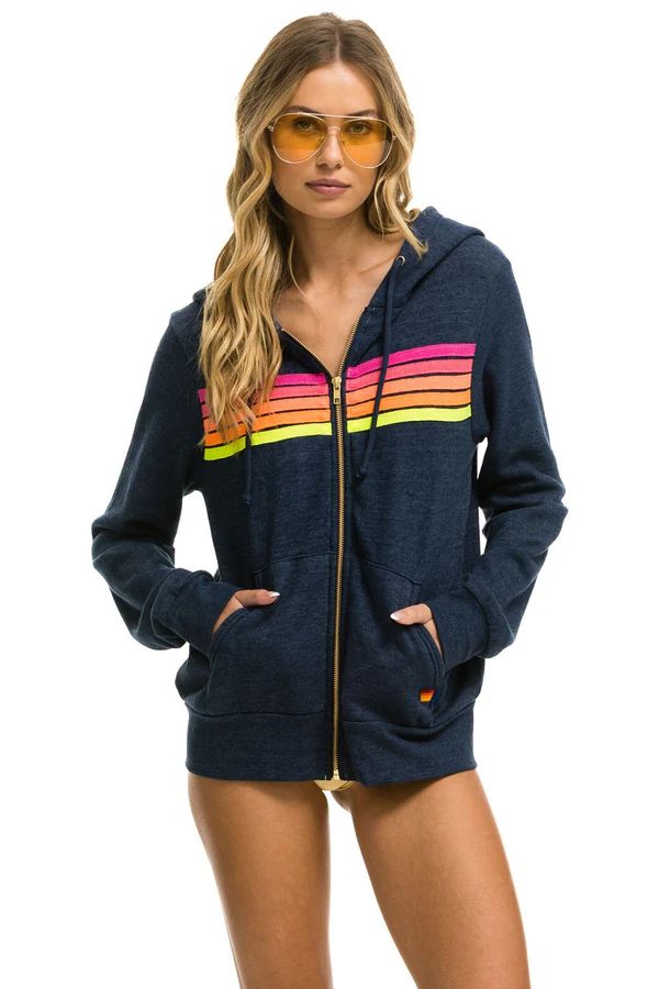 5 STRIPE HOODIE - HEATHER NAVY // NEON STRIPES | Aviator Nation