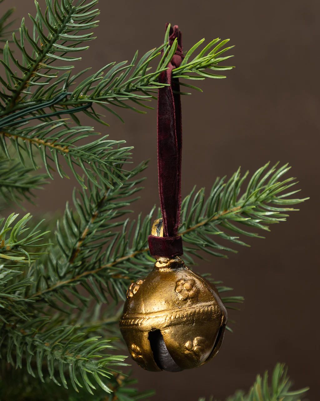 Antique Brass Bell Ornament on Velvet Red Ribbon | McGee & Co.