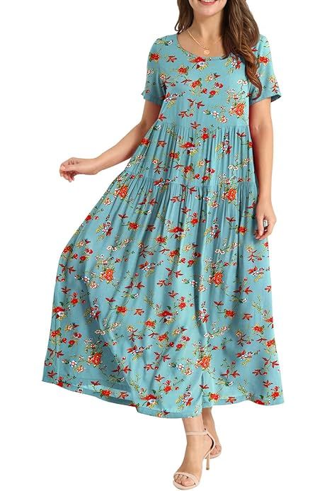 YESNO Women Summer Dress Casual Loose Bohemian Floral Dress with Pockets Short Sleeve Long Maxi Beac | Amazon (CA)