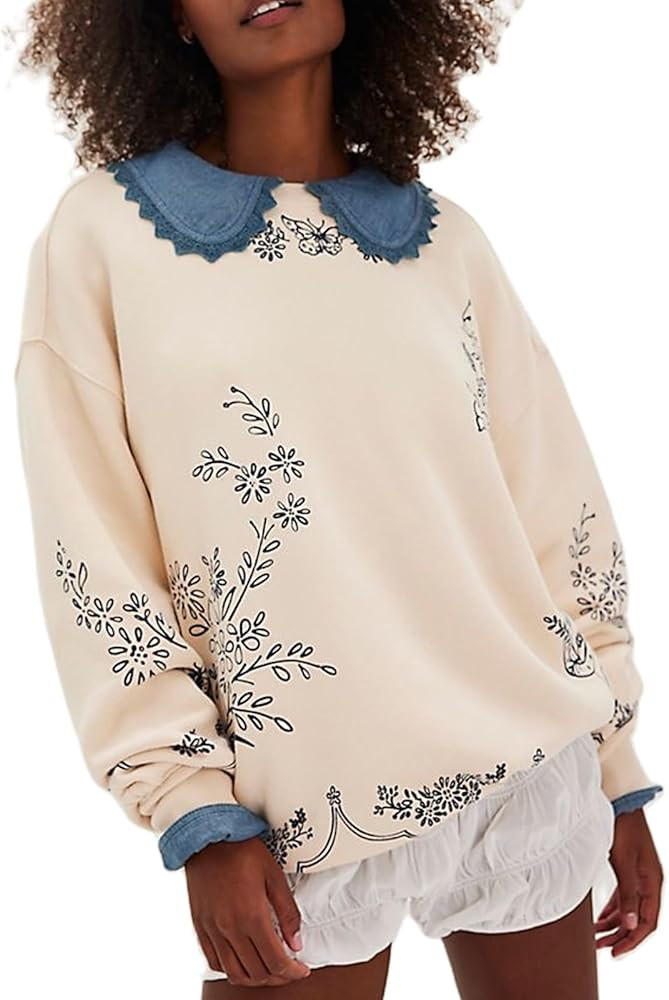 Amiblvowa Women Cute Floral Graphic Sweatshirt Teen Girls Y2K Vintage Aesthetic Preppy Pullover T... | Amazon (US)