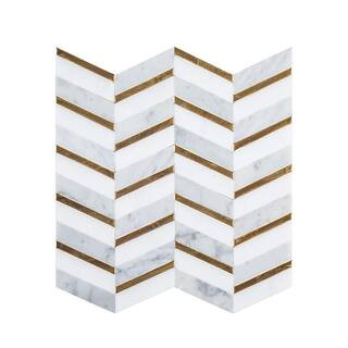 Jeffrey Court Dreamcicle White 11.875 in. x 11.875 in. Chevron Marble/Gold Metal Floor and Wall M... | The Home Depot