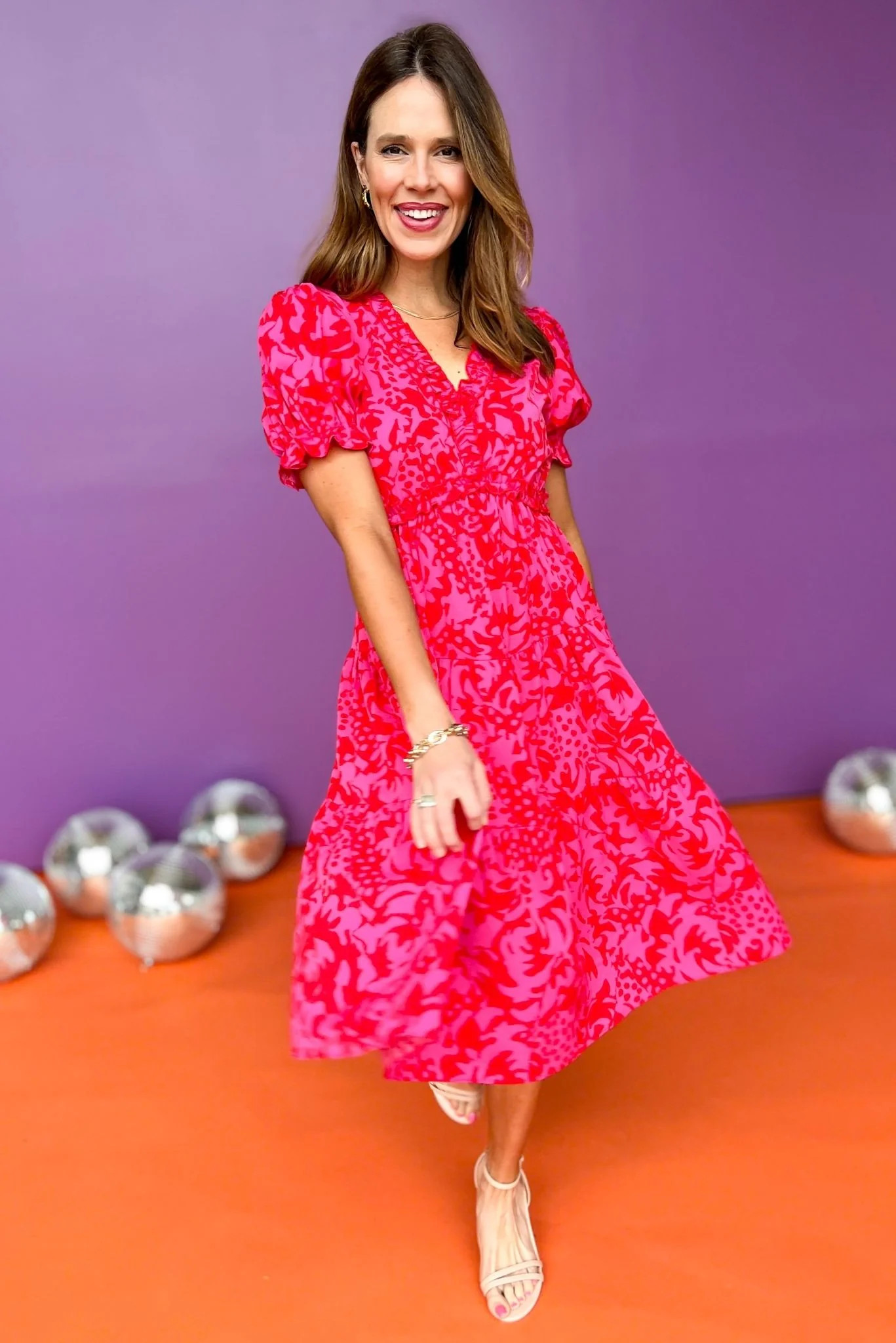 Pink V Frill Neck Short Poet Sleeves Midi Dress | Shop Style Your Senses