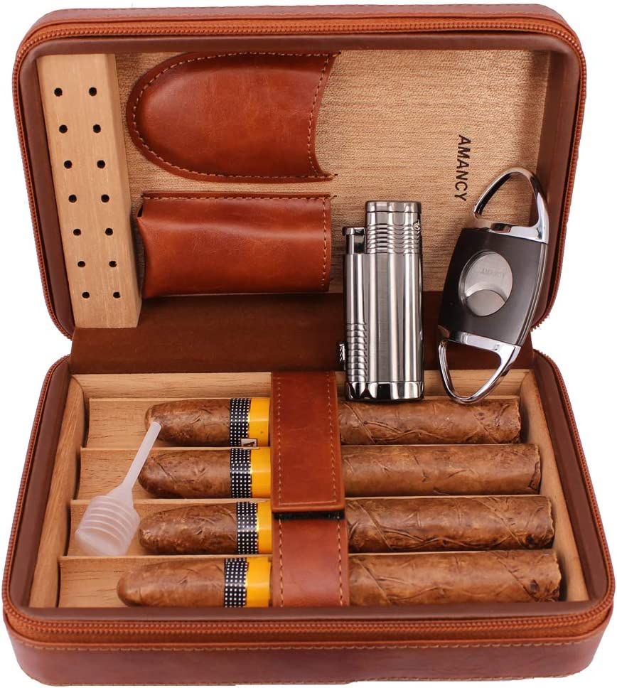 AMANCY Elegent Handmade Brown Leather Cedar Wood Lined 4 Cigar Humidor Case with 3 Triple Jet Fla... | Amazon (US)