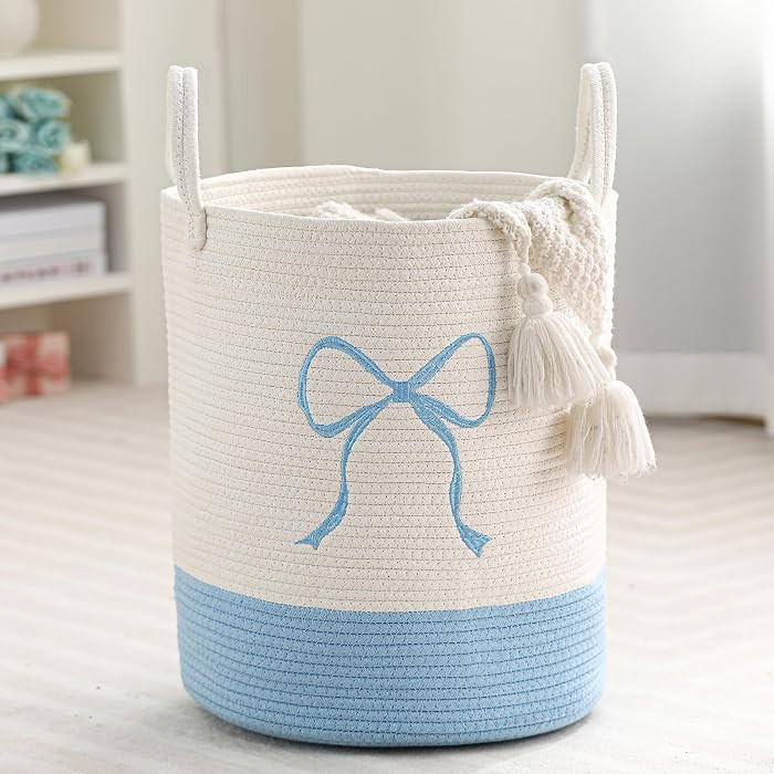 Honeydak Blue Laundry Basket Bow Hamper Coquette Laundry Basket Cotton Rope Blue Hamper 15 x 17.7... | Amazon (US)