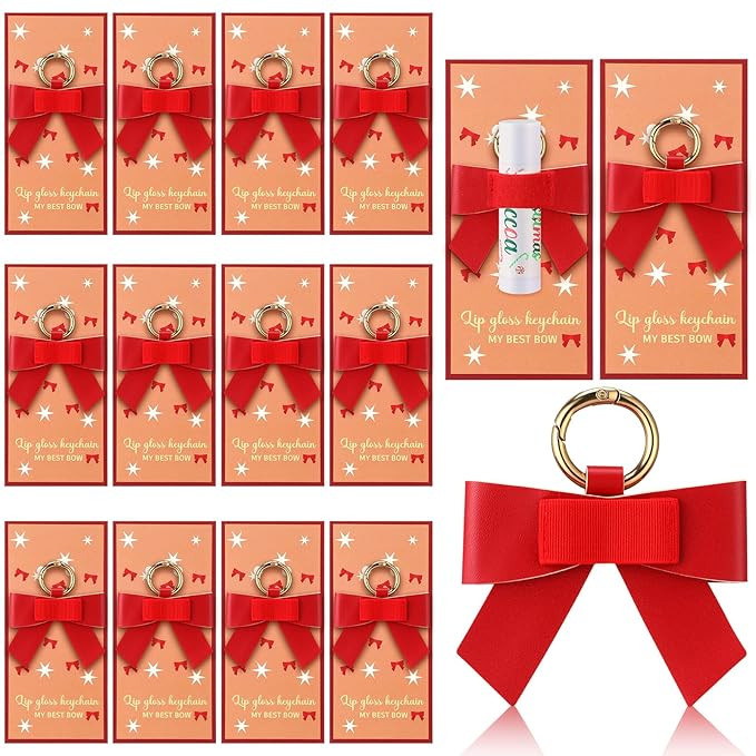 Cunno 12 Set Christmas Red Bow Gift Bulk Lipstick Holder Keychains with Gift Cards Leather Bow El... | Amazon (US)
