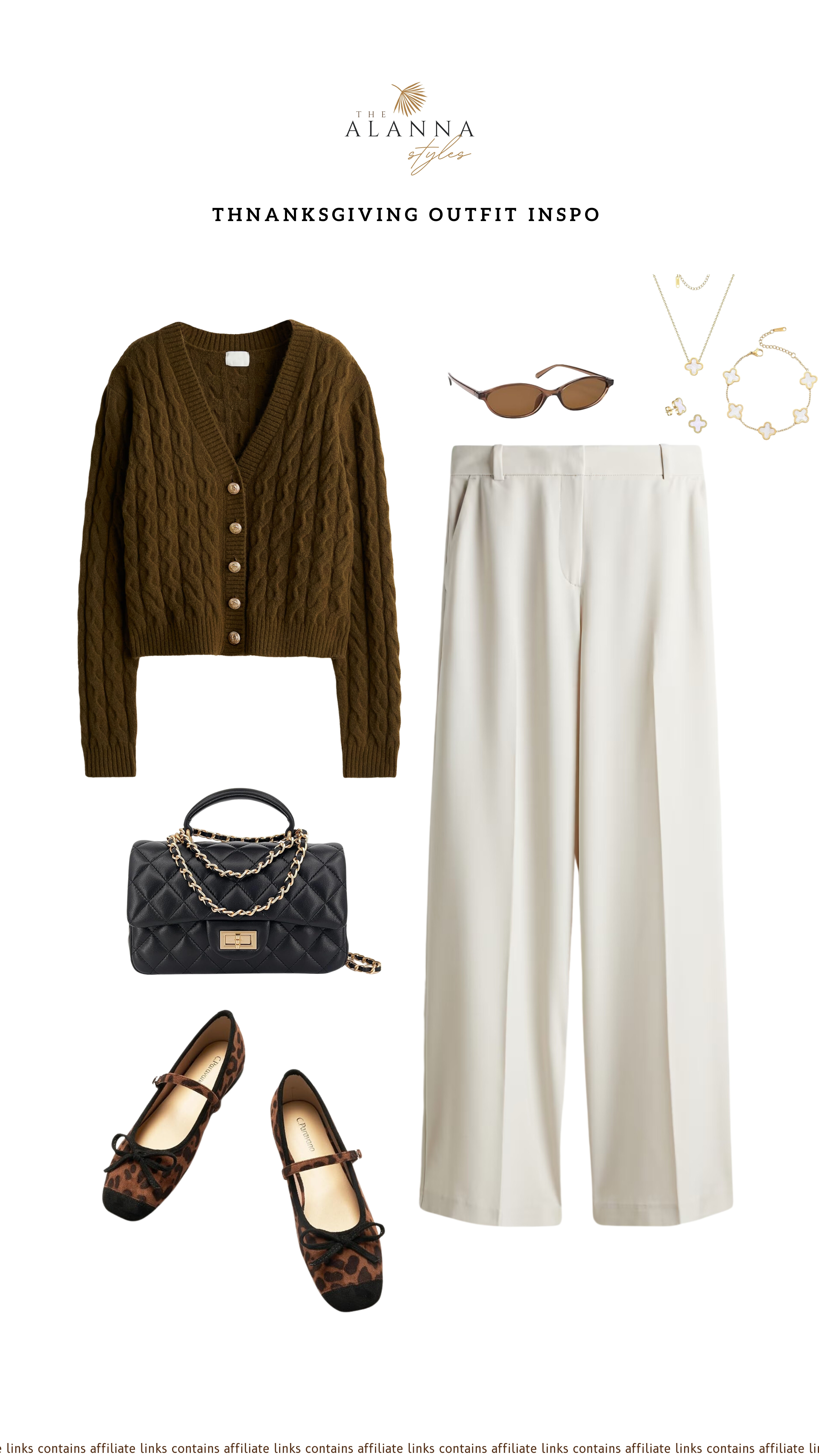 Thanksgiving outfit inspo. Brown cardigan, cream pants or trousers, brown flats, designer-inspired bag, vintage sunglasses, and a set of Van Cleef inspired jewelry. #thanksgivingoutfit #thanksgiving 

 #LTKCyberWeek #LTKSeasonal #LTKStyleTip