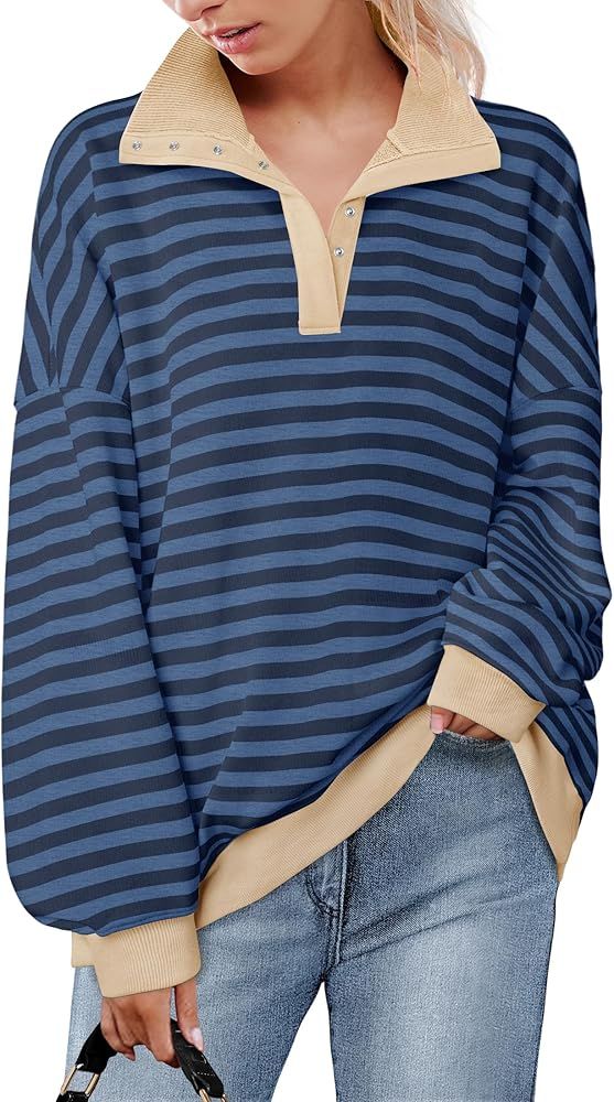 ZESICA Sweatshirts for Womens Long Sleeve Lapel V Neck Striped Oversized Tops | Amazon (US)