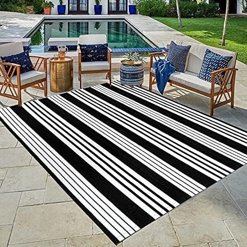 OJIA Black and White Outdoor Rug,4 x 6 ft Patio Cotton Striped Woven Rug Machine Washable Indoor/... | Amazon (US)