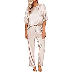 Ekouaer Womens Satin Silky Pajama Set Short Sleeve Shirt with Long Pajama Pant Set Soft PJ Lounge... | Amazon (US)