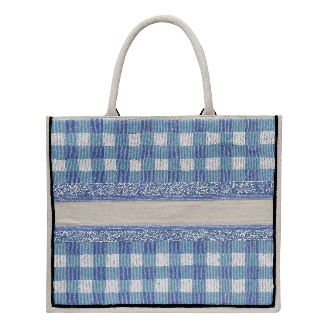 Blue Gingham Personalized Beaded Large Tote (Made to Order) | Sea Marie Designs