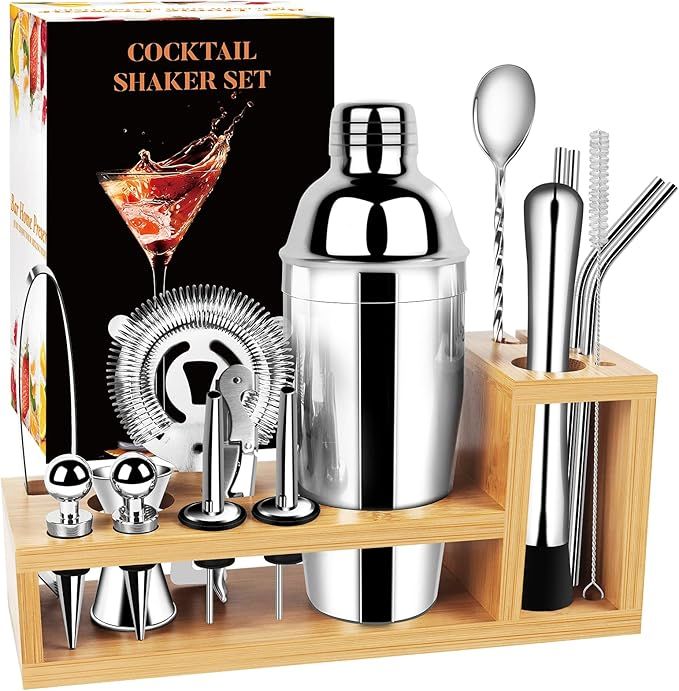 Cocktail Shaker Set Bartender Kit - 17 Pcs Bar Set with Bamboo Stand, Premium Stainless Steel Bar... | Amazon (US)
