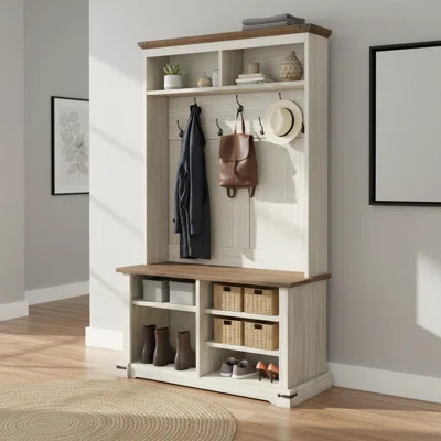 Brown & White Entryway Bench With Coat Rack, 4-In-1 Hall Tree With Shoe Cabinet,7 Hooks For Hallway & Bedroom | Wayfair North America
