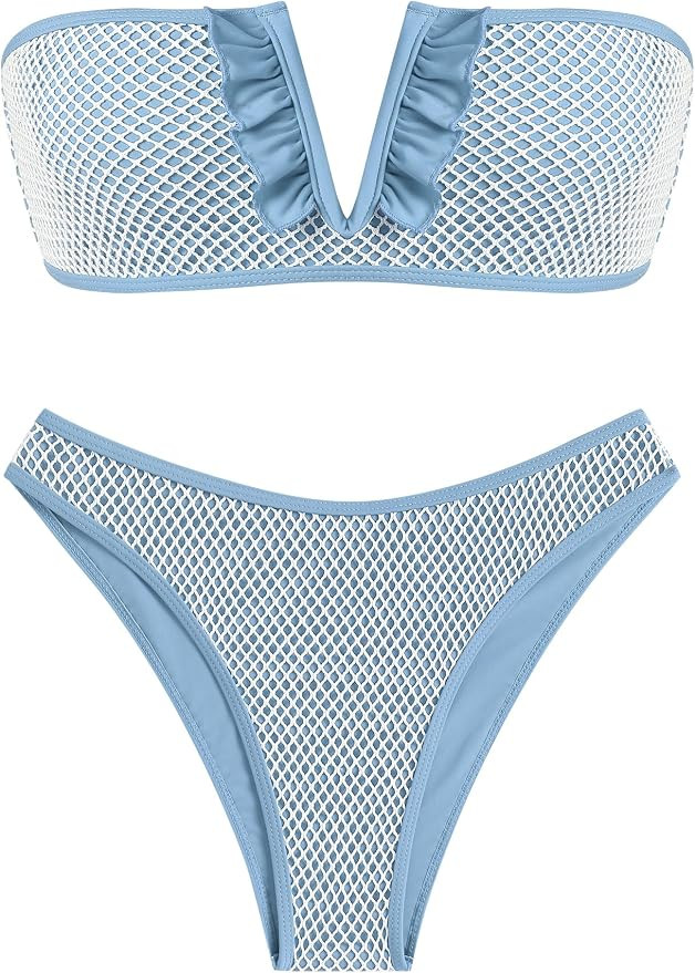 ZAFUL Women's Strapless Ribbed V Wired Lace Up Ruffle Tie High Cut Bandeau Swimsuits Bikini Set | Amazon (US)