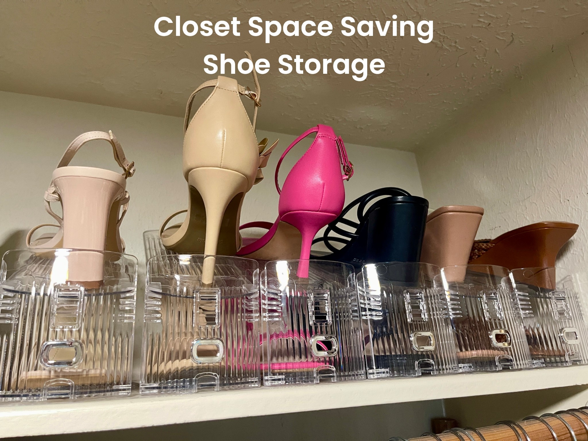 For the out of sight out of mind girlies— these keep your shoes within view while taking a less space with a smaller footprint inside of your shoe closet. 

These crystal clear acrylic shoe risers are a space saving closet storage solution for shoes. They are adjustable to three different height angles to accommodate different types of shoes. I can put flat shoes to high heels in them. However, if you are trying to put a high heeled platform shoe in there, it may not fit. 

#LTKShoeCrush #LTKHome #LTKFindsUnder50
