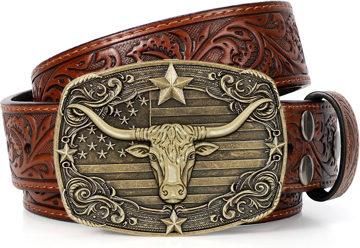 SANSTHS Western Cowboy Belts for Men Women, Mens Western Belt Bull Buckle Country Belt Cowboy Lea... | Amazon (US)