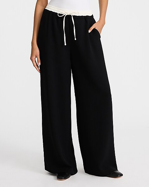 Signature Crepe Contrast Double Waist Wide Leg Pull On Pant | Express