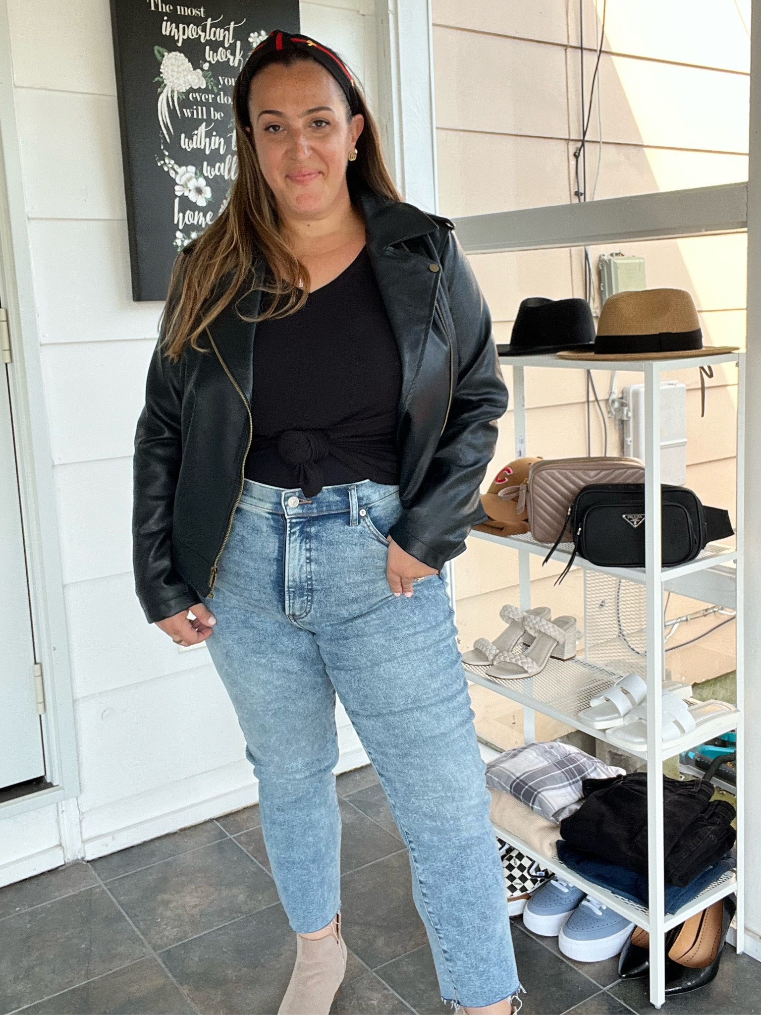 Express Mom Jeans paired with a simple vneck and leather coat! Perfect for fall 

#LTKunder50 #LTKsalealert #LTKcurves
