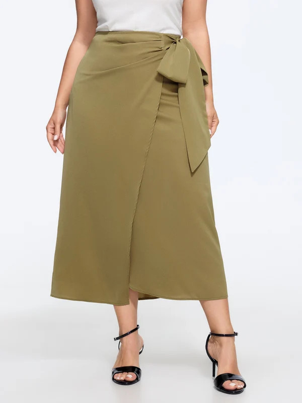 Solid Side Tie Bow Wrap Midi Skirt | Bloomchic