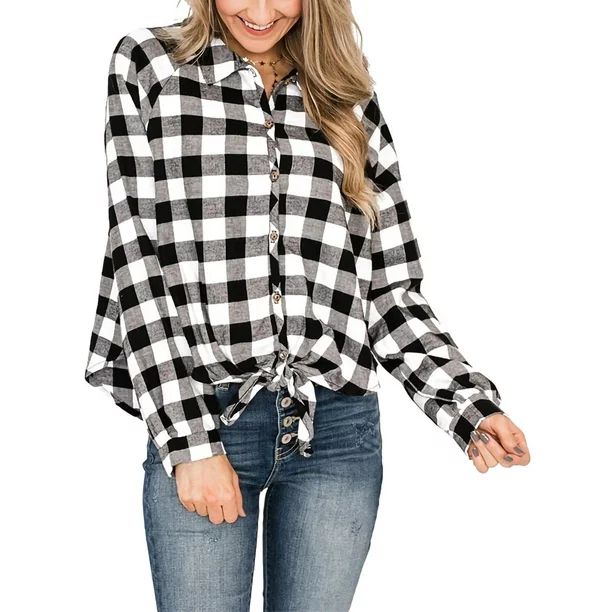 Women Retro Loose Lapel Blouses Tops Buffalo Check Plaid Long Sleeve Casual Button Down Shirts La... | Walmart (US)