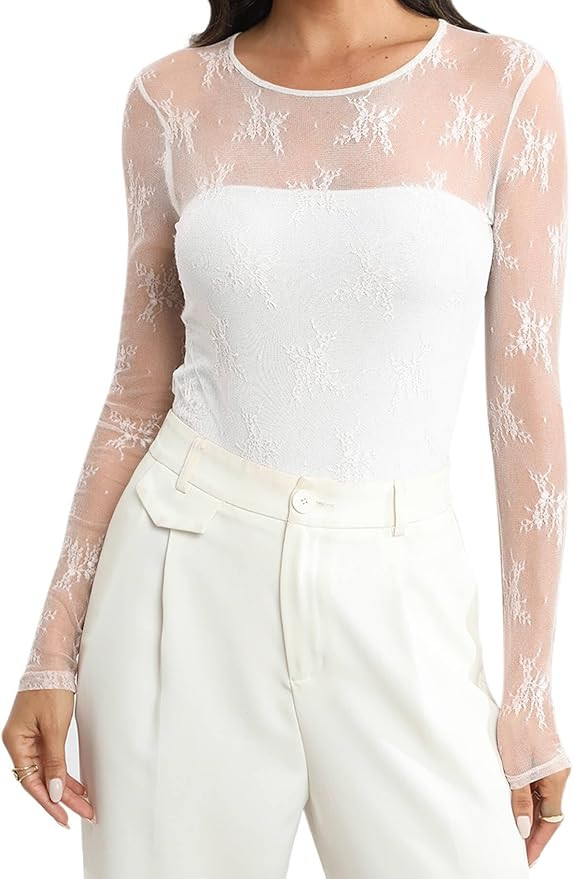 Ugerlov Women's Long Sleeve Lace Bodysuit Sexy Mesh Crew Neck See Through Jumpsuit Bodysuits Top ... | Amazon (US)