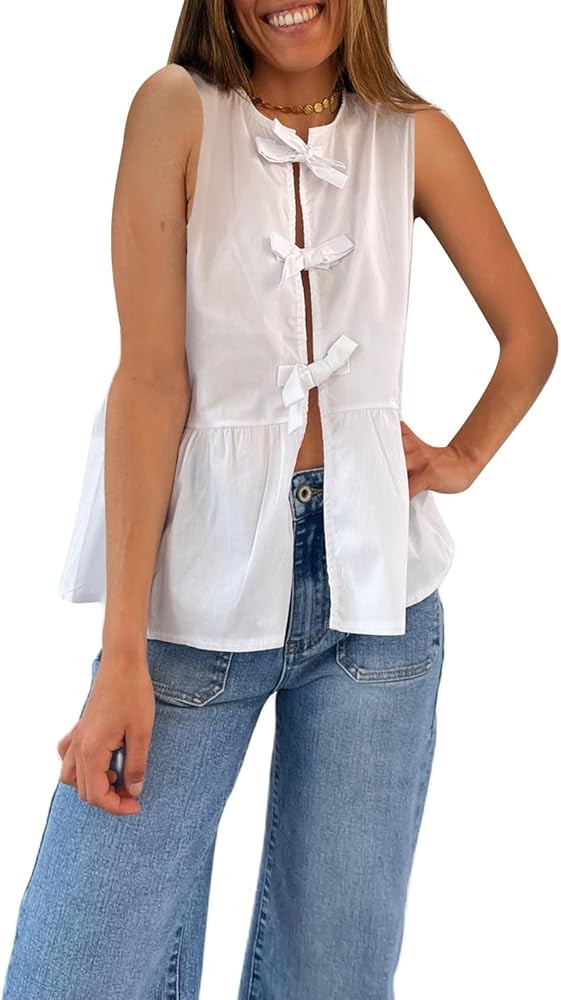 Amiblvowa Women Tie Front Tank Tops Y2K Lounge Sleeveless Peplum Blouse Going Out Striped Ruffle ... | Amazon (US)