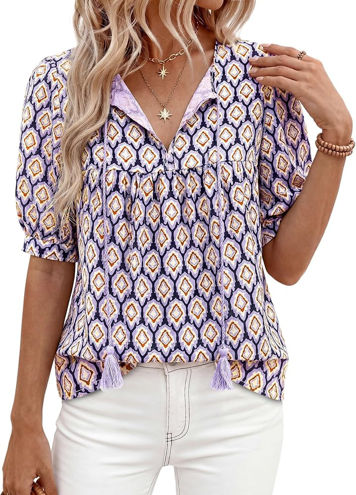 PRETTYGARDEN Womens Summer Boho Tops 2026 Vacation Outfits Casual Tie Front V Neck Peasant Blouse... | Amazon (US)