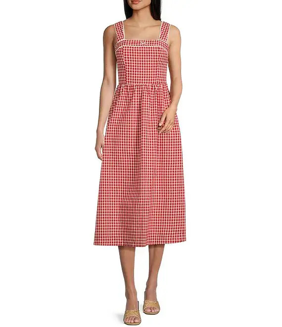 Gingham Square Neck Midi Dress | Dillard's