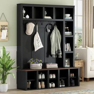 Black 4-in-1 Entryway Hall Tree with 6 Hooks, Practical Walnut Storage Bench with Adjustable Shelves and Cubbies | The Home Depot