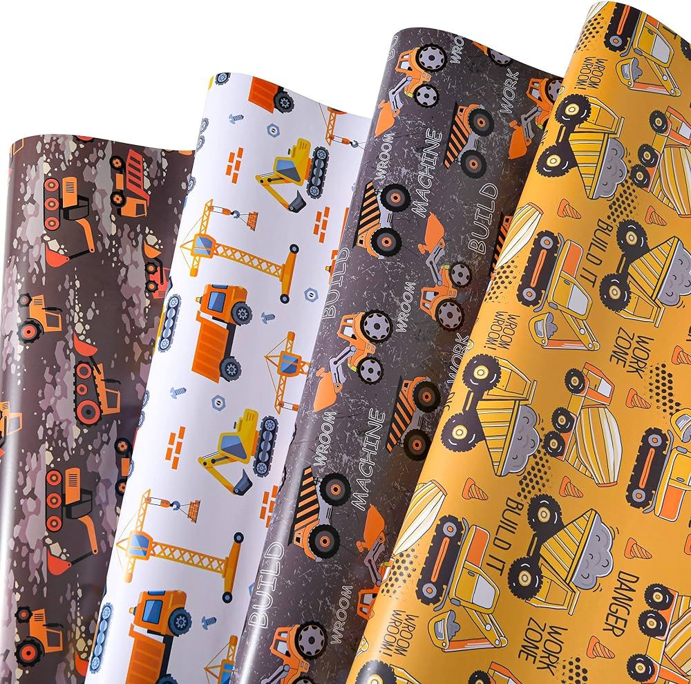 Construction Wrapping Paper - 12 Sheets Construction Wrapping Paper Birthday with Trucks - 19.7 x... | Amazon (US)