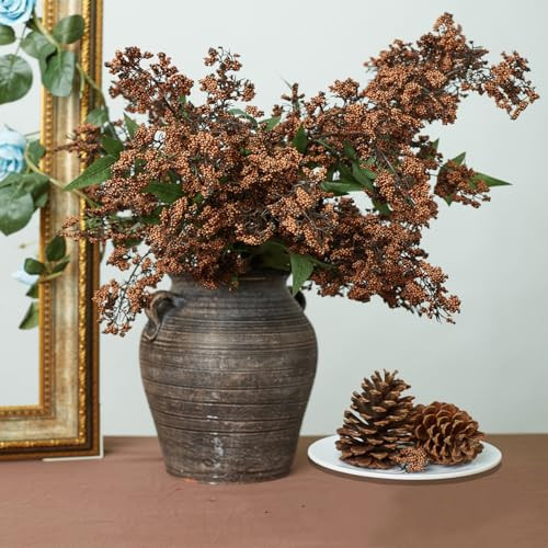 3 Pcs Artificial Dusty Plum Berry Stem43.31 Inch Spring Faux Flowers Picks Branches Fake Realistic Sedum Stem Spray for Wedding Holiday Seasonal Farmhouse Mantel Harvest (Dark Brown) | Amazon (US)