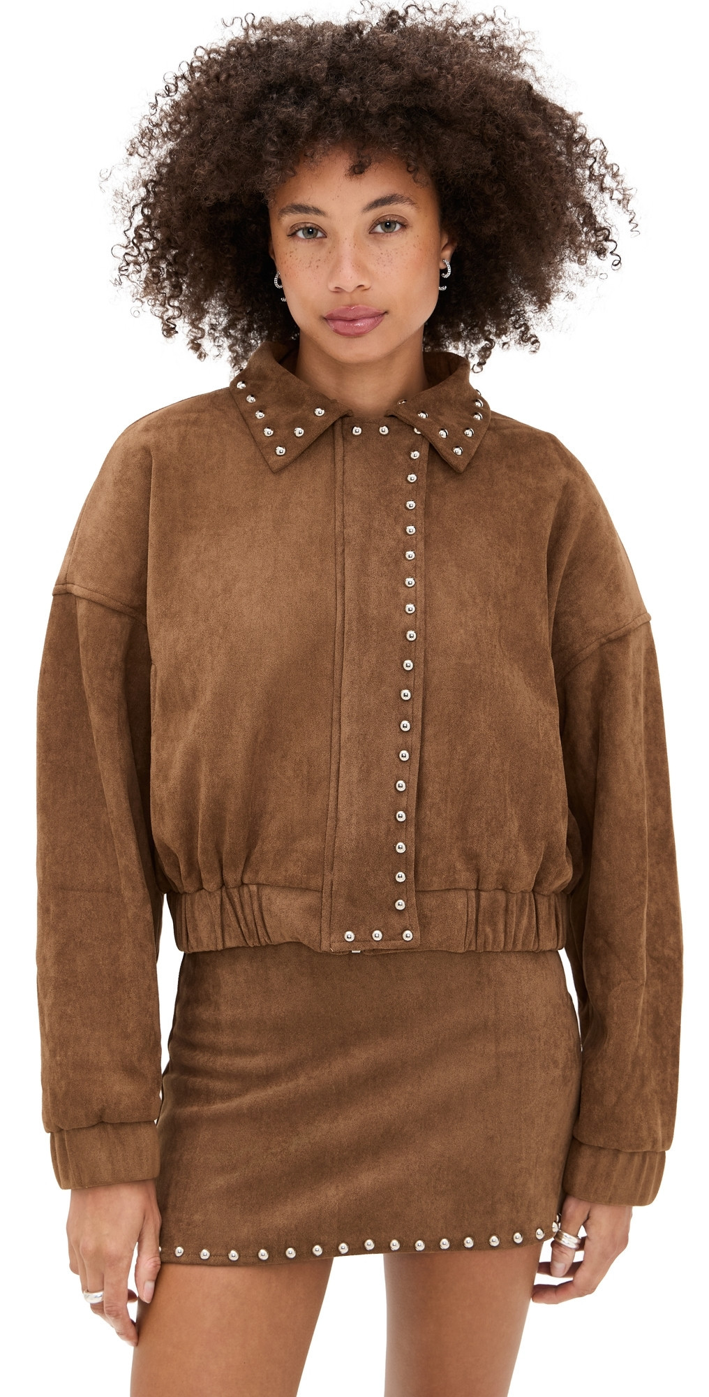 Moon River Stud Detail Zipper Front Faux Suede Jacket Camel L | Shopbop