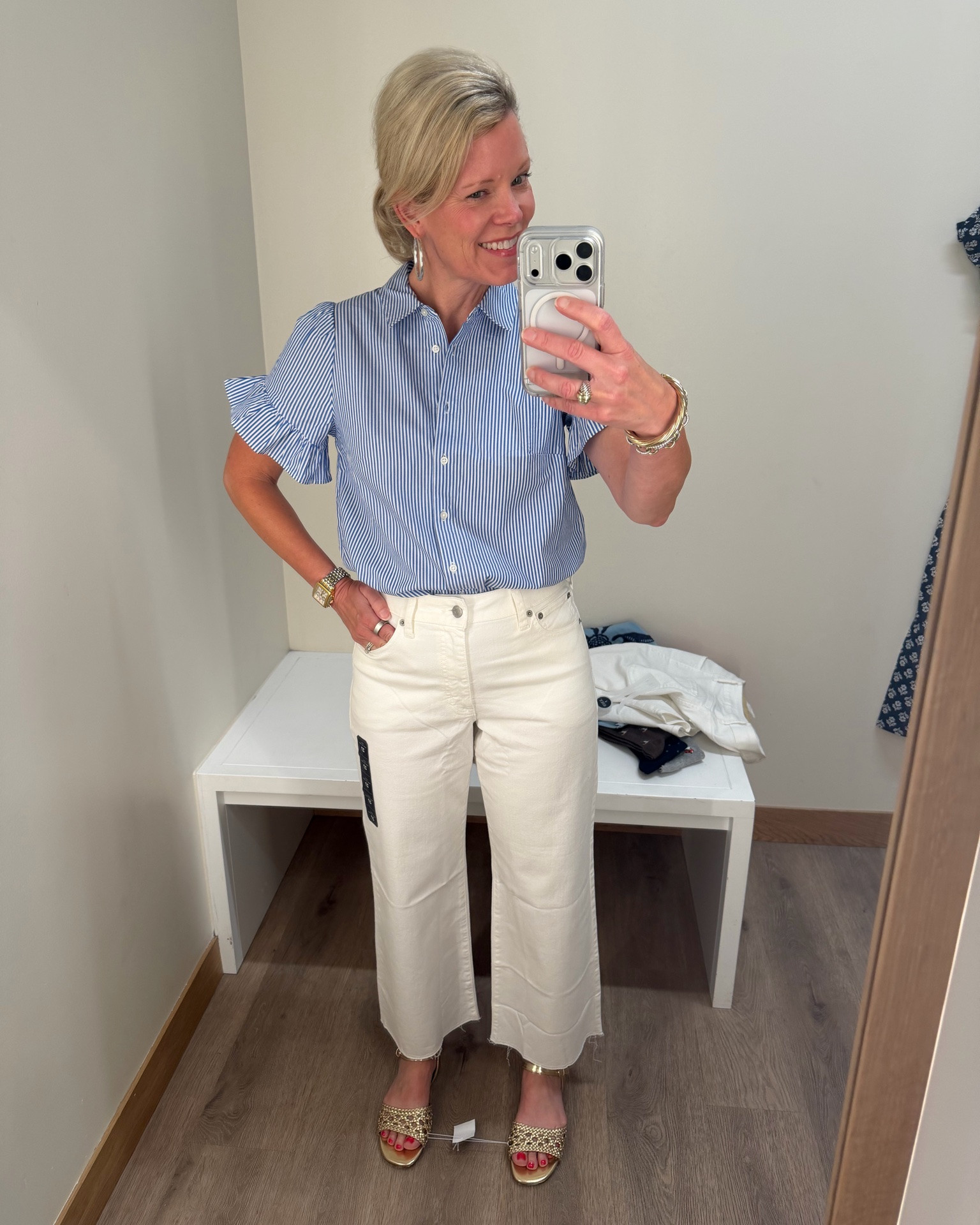 Did a little J. Crew Factory try on. You know I’m always drawn to blue and white. This blue and white striped top is adorable and I love the navy print top and dress as well. I have a smaller waist and bigger thighs and their curvy jeans fit so well! Love these sweet little gold sandals, too. I am wearing my regular size in all. ￼