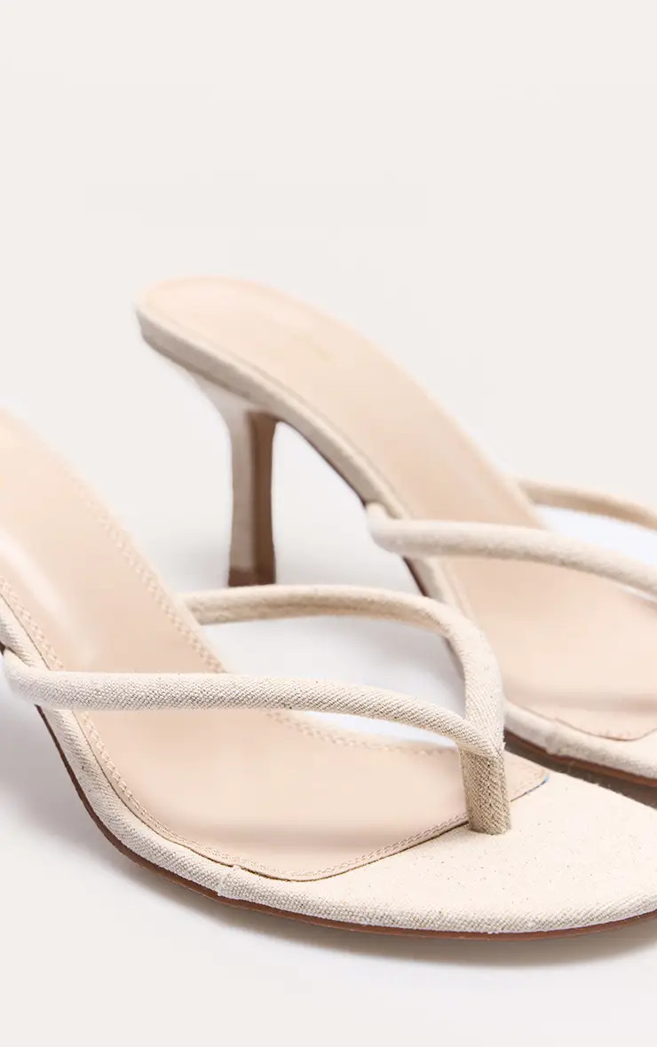 Natural Linen Round Toe Thong Mid Heel Mules | PrettyLittleThing UK