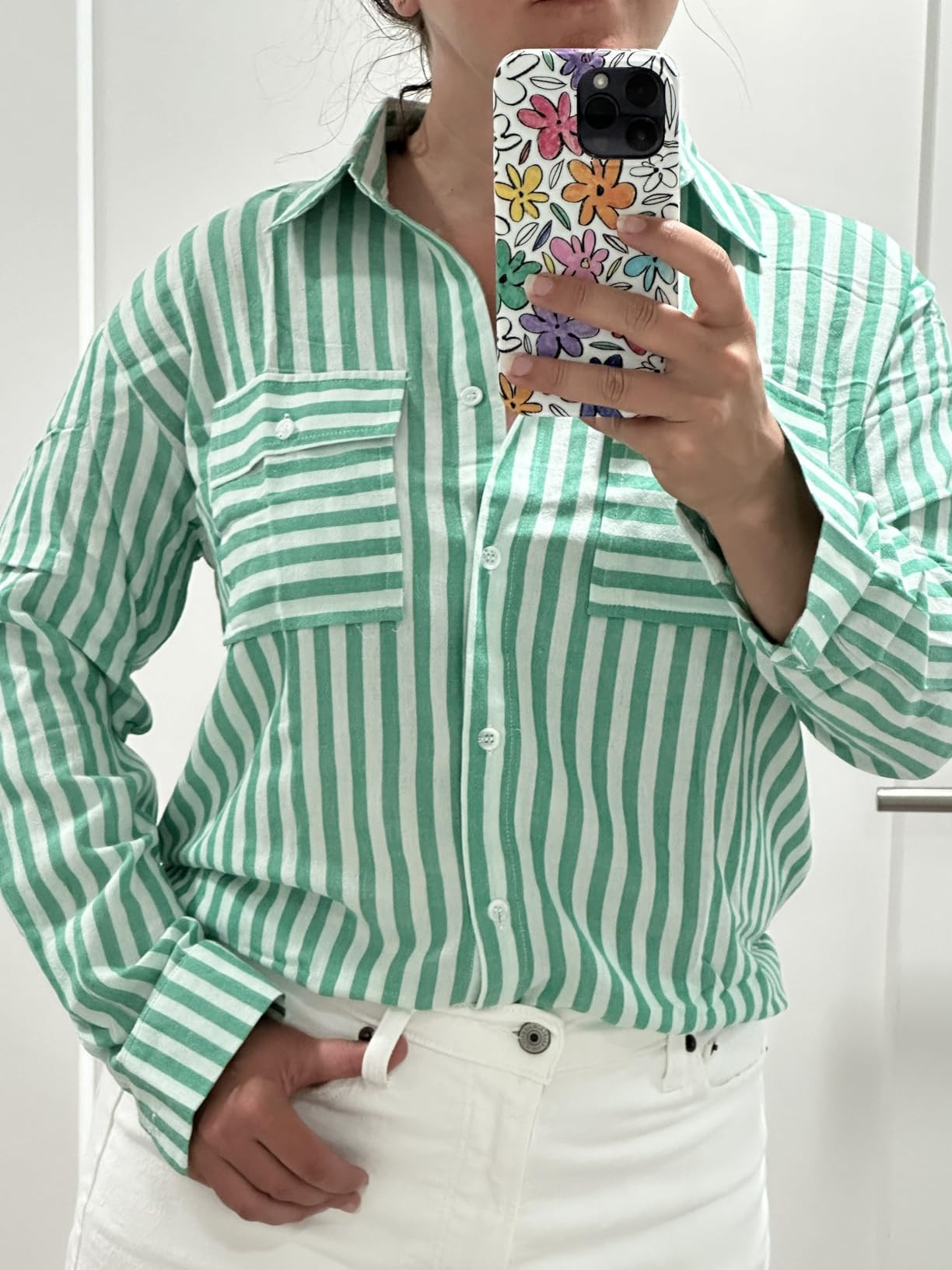 OMSJ Women's Striped Button Down Shirts Casual Long Sleeve Stylish V Neck Blouses Tops with Pocke... | Amazon (US)