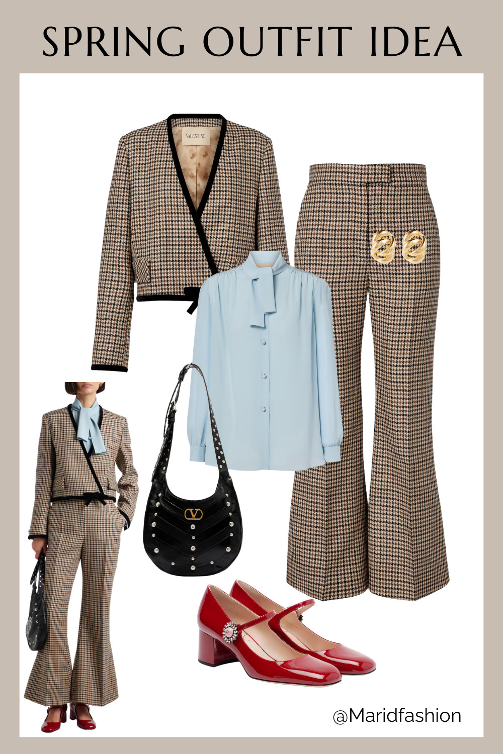Elevating the everyday with this houndstooth and silk combination! ✨ There is nothing more sophisticated for spring than the texture of virgin wool paired with the soft sheen of a tie-neck silk crêpe de chine shirt.

The cropped flared pants and matching jacket create such a polished silhouette, while the studded leather shoulder bag and Mary Jane pumps add the perfect modern edge. Shop this entire spring outfit idea here! 
#LTKspring #Houndstooth #QuietLuxury #OldMoneyAesthetic #SpringOutfit #SilkShirt #MaryJanes #WorkWearInspo #ChicStyle #OOTD #ElevatedBasics #DesignerStyle 

 #LTKSpringSale #LTKootd #LTKSeasonal