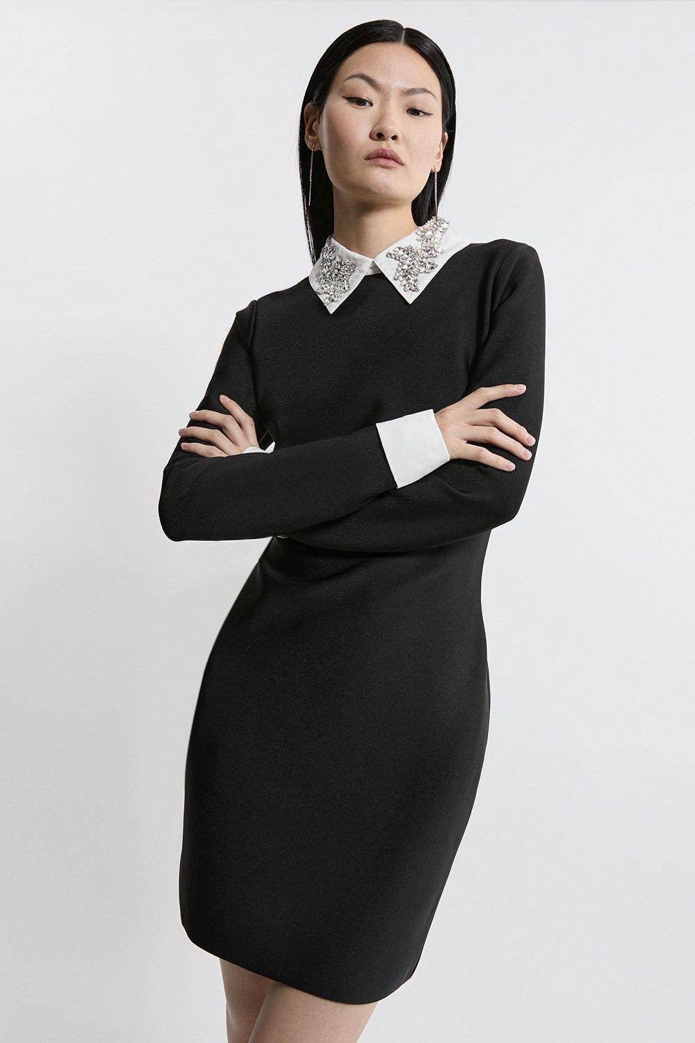 Figure Form Bandage Embellished Collar Knit Mini Dress | Karen Millen US