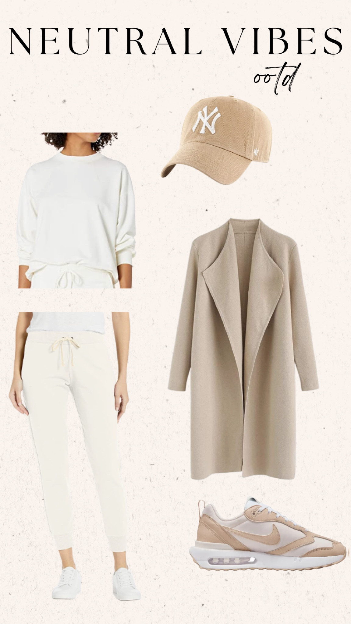 Neutral vibes OOTD

cream jogger set
Oversized coatigan
Neutral hat 
Nike shoes 



#LTKunder100 #LTKFind #LTKstyletip