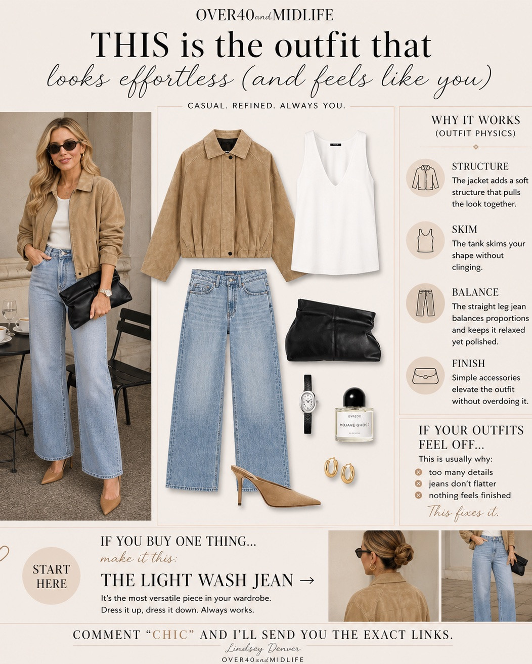 ✨Tap the bell, save and ❤️ for over 40 fashion, midlife style, midsize fashion and luxury looks for less. 

There was a point my jean outfits just felt… off.

Nothing looked bad.
But nothing felt right either.

It wasn’t my body.
It was the fit, the structure… and the balance.

Most outfits fail because:
– the top clings
– there’s no shape
– the proportions feel heavy

This is what fixes it.

A little structure.
A clean skim.
And a straight leg jean that actually holds its shape.

✨ That’s Outfit Physics.

If you buy one thing… start with the jeans.
They change everything.

👑"Helping you look good, feel good!" - Lindsey Denver

#LTKOver40 #LTKMidsize #LTKPlusSize