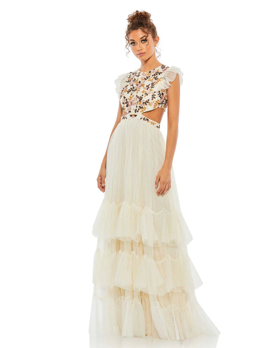 Embroidered Bodice Cap Sleeve Ruffle Tiered Gown | Mac Duggal