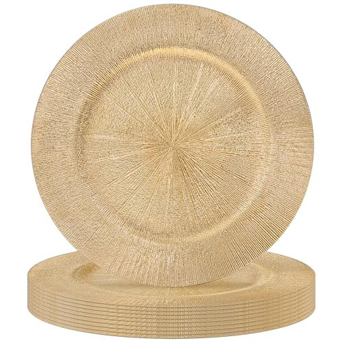 JEVERGN 10 Pack Gold Charger Plates, 13" Plating Linear Chargers for Dinner Plates, Gold Plate Chargers Set of 10, Round Plastic Charger for Wedding, Party Event, Dinner, Table Setting | Amazon (US)