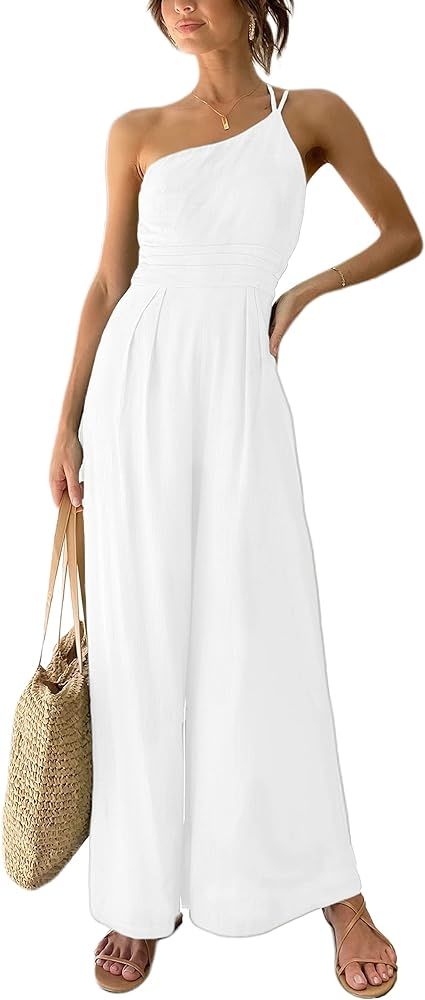 Uaneo Womens Casual Summer Jumpsuits Dressy Cotton One Shoulder High Waist Rompers | Amazon (US)