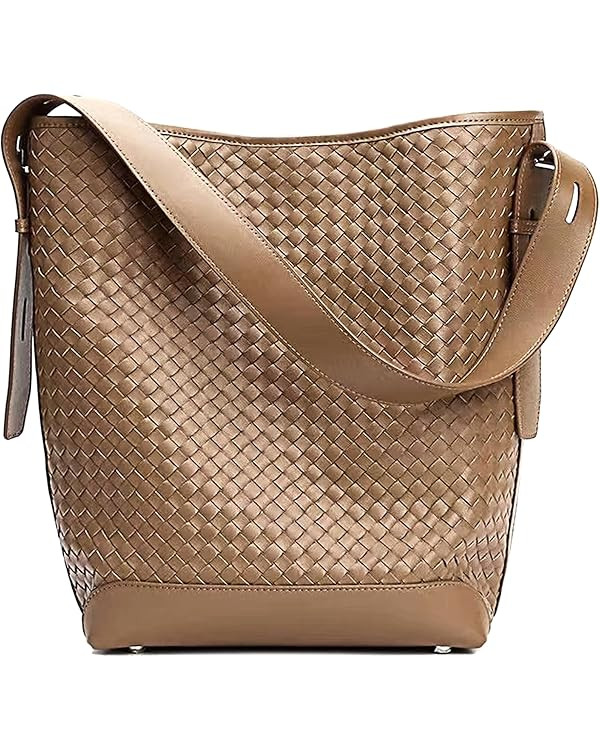 Large Woven Tote Bag Leather Bucket Bag for Women Vegan Shoulder Bag Hobo Purse | Amazon (US)